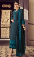A traditional long shirt is stunningly adorned with embroidered neckline, sleeves and border. Paired with detailed izhaar pants and organza dupatta finished with intricately embroidered floral border all around.  *The height of the model is 5’6”. *The length of the shirt is 48 inches and the length of pants is 36 inches.