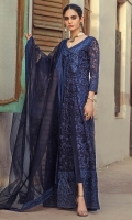 A deep blue base is ornamented with whimsical floral embroideries all over. NAVY DAFFODILS is decorated with embroidered neckline and alluring borders that instantly draws anyone’s attention. Pair it up with navy blue straight pants and organza dupatta accentuated with embroidered border all around the edges.  *The height of the model is 5’6”. *The length of the shirt is 56 inches and the length of pants is 37 inches.