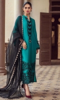 Look effortlessly classy this festive season in our emerald orchid decorated with intricately embroidered baroque and floral border along with beautiful neckline. This shirt is allured with detailed pants and black organza dupatta finished with kingri trims all around the edges.  *The height of the model is 5’6”. *The length of the shirt is 50 inches and the length of pants is 36 inches.