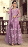A timeless style that never fails to impress. Our beautifully flared lavender ensemble features floral embroideries, pearl neckline, detailed border and finished with lace trims. Complete the look with straight pants and organza dupatta allured with embroidered border all around the edges.