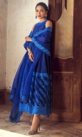 Rendered in bold hues, SOPHISTICATED SAPPHIRE features a flared silhouette allured with embroidered neckline, lace trims and detailed border. It comes with straight pants and organza dupatta finished with embroidered border all around.  *The height of the model is 5’6”. *The length of the shirt is 50 inches and the length of pants is 37 inches.