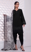 Ink Shadow is a flattering deep all-black kurta with a scalloped organza hem detail, embroidered daaman, sleeves and neckline. It comes with a floral printed chiffon dupatta finished with lace trims on four sides. Opt for this traditional tulip shalwar to achieve the same look.  *The height of the model is 5’6”. *The length of the shirt is 36 inches and the length of pants is 37 inches.