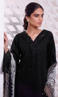 Ink Shadow is a flattering deep all-black kurta with a scalloped organza hem detail, embroidered daaman, sleeves and neckline. It comes with a floral printed chiffon dupatta finished with lace trims on four sides. Opt for this traditional tulip shalwar to achieve the same look.  *The height of the model is 5’6”. *The length of the shirt is 36 inches and the length of pants is 37 inches.