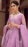 A timeless style that never fails to impress. Our beautifully flared lavender ensemble features floral embroideries, pearl neckline, detailed border and finished with lace trims. Complete the look with straight pants and organza dupatta allured with embroidered border all around the edges.