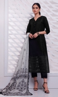 Onyx Elegance is decorated with embroidered neckline, sleeves, and lace trims. Intricate floral daaman gives a perfect ending to this shirt. This shirt Is accompanied by a printed chiffon dupatta finished with lace trims all around the edges. Pair it up with these straight pants to complete the look.  *The height of the model is 5’6”. *The length of the shirt is 44 inches and the length of pants is 37 inches.