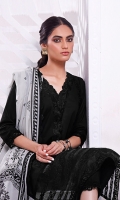 Onyx Elegance is decorated with embroidered neckline, sleeves, and lace trims. Intricate floral daaman gives a perfect ending to this shirt. This shirt Is accompanied by a printed chiffon dupatta finished with lace trims all around the edges. Pair it up with these straight pants to complete the look.  *The height of the model is 5’6”. *The length of the shirt is 44 inches and the length of pants is 37 inches.
