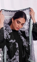 A narrow ban collar on this deep black kurta makes for a sleek and smart look enhanced with embroidered daaman and sleeves. Blooming flowers on a black chiffon dupatta add elegance to this ensemble. Complete the look with black flared pants finished with lace trim at the bottom.  *The height of the model is 5’6”. *The length of the shirt is 40 inches and the length of pants is 36 inches.