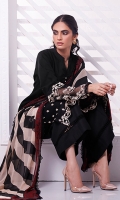 Distinguish yourself in our Jet Beauty kurta featuring a beautifully embroidered daaman, accentuated with embroidered motifs and enhanced sleeves. Jet beauty is accompanied by a striped printed chiffon dupatta, finished with lace trims. To achieve the complete look, pair it up with flared pants.  *The height of the model is 5’6”. *The length of the shirt is 48 inches and the length of pants is 36 inches.
