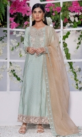 In the prettiest pastels hues, this easy breezy yet elegant mint long shirt is accentuated with embroidered neckline, daaman and finished with lace trims. it is accompanied with mint izhaar pants and beige dupatta with lace trims all around the edges.  *The height of the model is 5’6”. *The length of the shirt is 50 inches and the length of pants is 36 inches.
