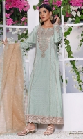 In the prettiest pastels hues, this easy breezy yet elegant mint long shirt is accentuated with embroidered neckline, daaman and finished with lace trims. it is accompanied with mint izhaar pants and beige dupatta with lace trims all around the edges.  *The height of the model is 5’6”. *The length of the shirt is 50 inches and the length of pants is 36 inches.