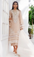 A perfect blend of cotton and silk. This beige kurta is decorated with beautifully embroidered neckline, daaman, motifs and lace trims. The scallops finishing and pearls details on pants make this outfit more elegant. It comes with ivory dupatta finished with lace trims all around the edges.  *The height of the model is 5’6”. *The length of the shirt is 42 inches and the length of pants is 36 inches.