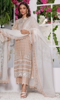 A perfect blend of cotton and silk. This beige kurta is decorated with beautifully embroidered neckline, daaman, motifs and lace trims. The scallops finishing and pearls details on pants make this outfit more elegant. It comes with ivory dupatta finished with lace trims all around the edges.  *The height of the model is 5’6”. *The length of the shirt is 42 inches and the length of pants is 36 inches.