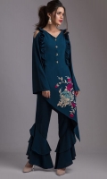 This oriental inspired teal; asymmetrical georgette top with vibrant floral embroidery is a trendsetter. It is enhanced by ruffles on the neckline and frilled pants 