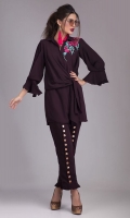Look alluring in our deep plum georgette uber chic top with flamboyant floral embroidery. It is enhanced with frill pants with antique buttons.