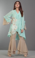 This alluring aqua chiffon shirt with Victorian inspired embroidery embellished in Swarovski pearls and 3d flowers adding a touch of luxe to the outfit is perfect for this season. Paired with ruffled sleeves and frill pants, this is the perfect summer ensemble.