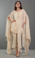 A dazzling beige chiffon shirt embellished with Swarovski crystals and beautiful organza 3D flowers in floral pattern. It is enhanced with exaggerated sleeves. Beige frill pants complete the look.
