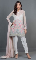 This beautiful ensemble is an ethereal amalgamation of pastels. The mix of ivory with pink and mint embroidery creates a perfect look for the summer. The outfit is enhanced with embroidery in beautiful 3D flowers and butterflies. It comes with ruffled pants and powder pink sequined spray dupatta.