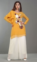 Opt for our refreshing saffron chiffon shirt offset beautifully with plum oriental embroidery. Enhanced with 3d flowers and ruffled shoulder, this design is young and vibrant.
