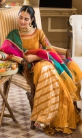In love with our ancestral style these beautiful self-embossed gharara pants are paired with short shirt decorated with colorful floral bunches, intricate neckline, embroidered borders and detailed sleeves. This beautiful shade of saffron comes with multicolored chatapatti organza dupatta finished with gotta lace all around the edges.