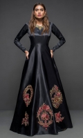 Make a dazzling impression in our black silk gown with victorian frames at the bottom and antique gold detailing on the neckline.
