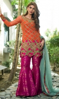 Adorned in an orange embellished with dull gold detailing around the neckline, this undeniably elegant attire will elevate your style. Pants: Add hot pink bell bottoms coordinated with mint net dupatta.