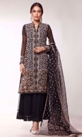Classics that are to die for. Tamanna features intricately embroidered baroque patterned front open shirt that gives you a modern yet traditional look at the same time. These traditional and modish flared cullote pants detailed with embroidered lace completes the look. It comes with embroidered organza dupatta finished with lace all over the edges.