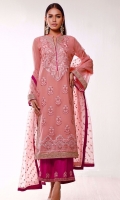 Featuring soft and feminine details, KHAWABEEDA is a straight long kurta with exquisiting embroidered floral neckline and border with touch of golden tilla work on sleeves and border on peachy pink canvas. The beautiful magenta ijaar pants with embroidery at the bottom and pink organza dupatta with embroidered motifs makes this outfit elegant.