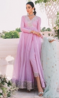 Look effortlessly elegant in soft and subtle crushed gown with embroidered neckline and border. It comes with plain straight pants allured with border and embroidered organza dupatta.