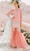 In a blissfully blush pink and delicate embroideries this short shirt is allured with beautiful neckline and intricate border paired with traditional gharara pants and organza dupatta.