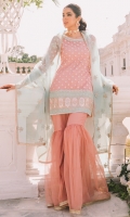 In a blissfully blush pink and delicate embroideries this short shirt is allured with beautiful neckline and intricate border paired with traditional gharara pants and organza dupatta.