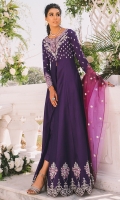A majestic deep purple front open gown is adorned with embroidered neckline and motifs. It is furthermore enhanced with embroidered scallop border and motifs at the bottom. Paired with straight pants and two toned organza dupatta.