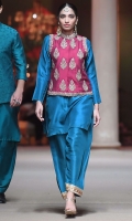 Make a bold statement in magenta waistcoat decorated with embellished baroque motifs and intricate hand worked borders.  Paired with teal kurta and shalwar adorned with embroidered borders.