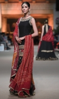 This chic yet modern block printed gharara pants are paired with black short shirt allured with heavily  embellished neckline, armhole and daaman with gold kora, dabka, sequins and maroon applique.  Back of the shirt is highlighted with embellished neckline.  You can pair it up with red chunri dupatta OR delicately mukesh worked three shaded dupatta finished with lace all around the edges.