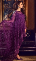 Dazzle in this lopsided purple cape decorated with hand embellished silver motif on one side and finished with embroidered border all around. Coordinate the look with short bell bottoms emphasized with embroidered border.