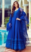 Dive into the depths of this cool blue front open gown with elegantly embroidered geometric and baroque patterns in shades of blue. You can pair it up with same colored pants or sharara and royal blue organza dupatta to achieve the complete look.
