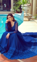 Dive into the depths of this cool blue front open gown with elegantly embroidered geometric and baroque patterns in shades of blue. You can pair it up with same colored pants or sharara and royal blue organza dupatta to achieve the complete look.