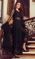 A symphony of intricate craftsmanship, Black storm is a fully embroidered, front-open, long dress with scattered sparkles of sequence. Pair it up with straight cut pants finessed with embroidered border and beautifully done ruffled dupatta along with embroidered motifs all over.