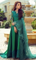 Make your events memorable wearing our jade green gown accentuated with intricate thread worked border and neckline along with beautiful sleeves. Coordinate the look with straight pants and organza ruffled dupatta.