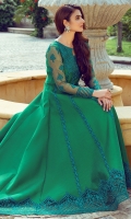 Make your events memorable wearing our jade green gown accentuated with intricate thread worked border and neckline along with beautiful sleeves. Coordinate the look with straight pants and organza ruffled dupatta.