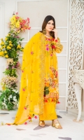 3 piece digital print and handwork embroidered lawn suit with digital print chiffon fabric for dupatta , dyed cotton fabric for trouser / shalwar.