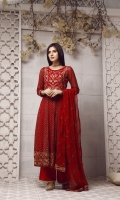 Heavy machine embriodery maxi style suit with flapper pants & chiffon embriodery dupatta