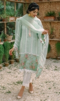 A beautiful pistachio green, self cotton net kurta with digital print inserts on the hem. The kurta is enhanced with lace trimmings all over. The neckline is ornamented with hand embellished organza flowers and angled sleeves are also enhanced with lace trimmings and digital print finishings. Length of shirt 40 inches