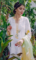 A pristine white chickan kurta carefully detailed with lace details all over and floral print inserts. The neckline is enhanced with sheer organza, embrodiered buttons embellished with pearl clusters. It comes with a pure organza chevron chaadar with lace trimmings. Length of shirt 52 inches