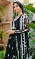A fully embroidered cotton net angrakha with an intricate chickan embroidered neckline. The bodice and the neckline are adorned with mirror work and a handcrafted tassel and lace finishing on the hem. It comes with a sheer net dupatta that has a double lace border on all four sides. Back is plain.