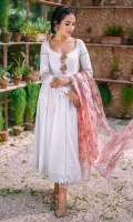 A pristine white chikan kalidaar with lace inserts. The neckline is enhanced with embroidered motifs and pearl clusters. The sleeves are detailed with laces, organza inserts, and a pearl spray. Shirt length 48 inches