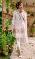 Blush pink cotton net shirt appliquéd with hand embellished motifs and pearl clusters. The shirt has an elaborate embroidered border on the hem and fancy lace trimmings. It comes with a net dupatta with finishings of embroidered borders and a shalwar.