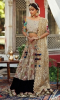 Heavily worked gold choli with colorful sleeves. It is paired with a worked lehnga with border detailing and a heavily worked scalloped dupatta.