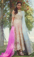 Peach formal organza shirt fully worked in gold. It is paired with a chooridar and blue contrasting tissue dupatta.