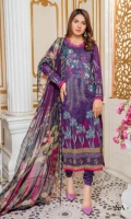 Lawn Print Front  Printed Back & Sleeves  Embroidered Chiffon Dupatta  Dyed Trouser