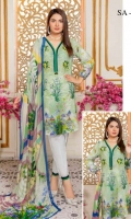 Lawn Print Front  Printed Back & Sleeves  Embroidered Chiffon Dupatta  Dyed Trouser
